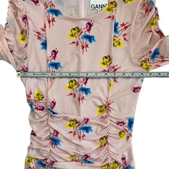 Ganni Floral Ruched Long Sleeve Stretch Mesh Bodycon Mini Dress Pink EU 36 US 4 - Picture 13 of 16